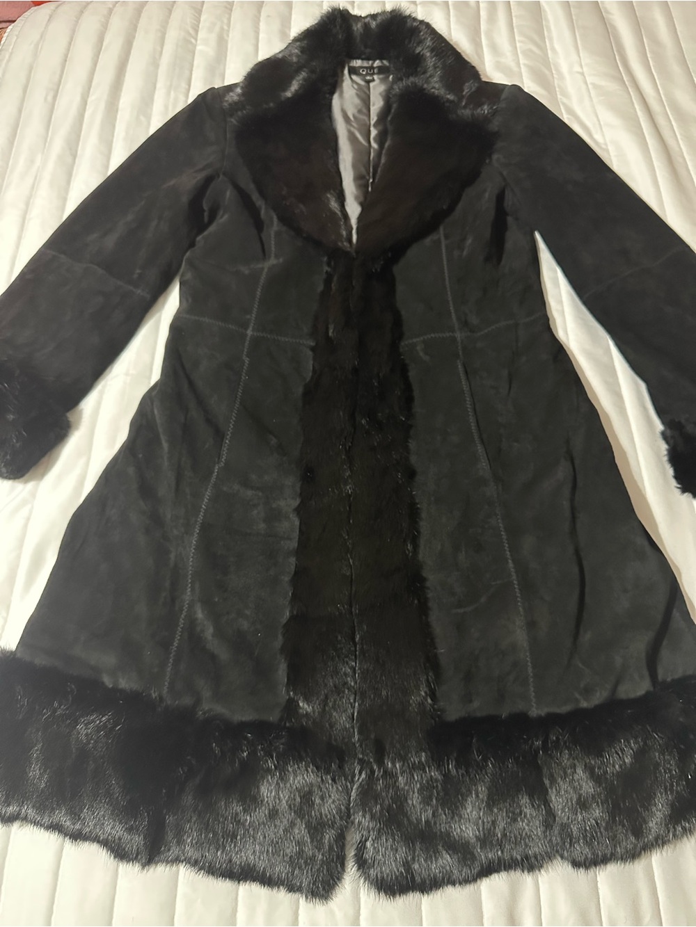 Women's Black Suede Trench Coat with Fur Trim